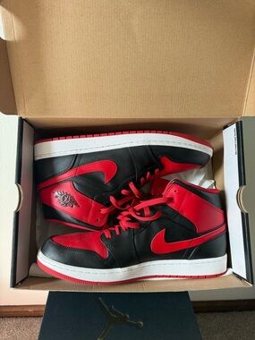 Jordan 1 Mid Nike Men’s Black and Red High-Top Sneakers
